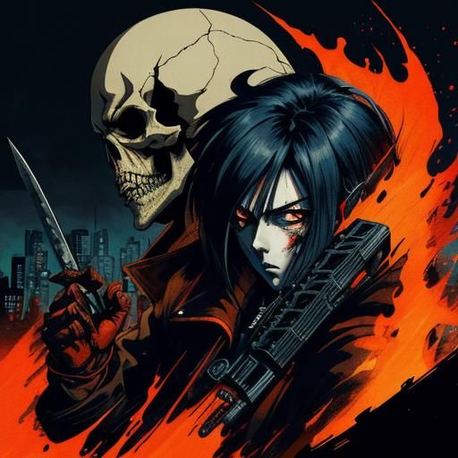 Skull Zombie with Axe in Burning Cityscape: Anime Art