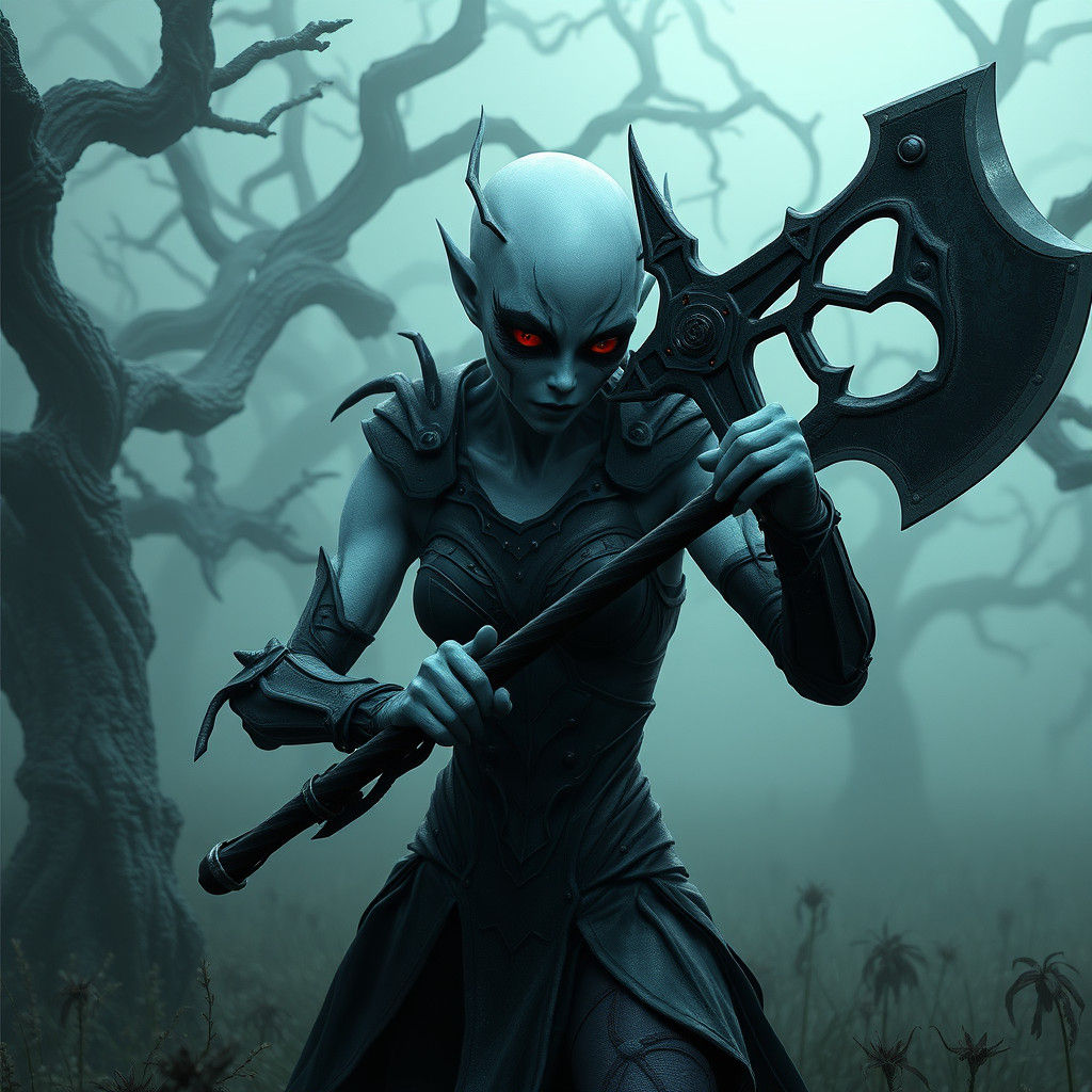 Alien Warrior Emerges from Shadows in Dark Fantasy Style