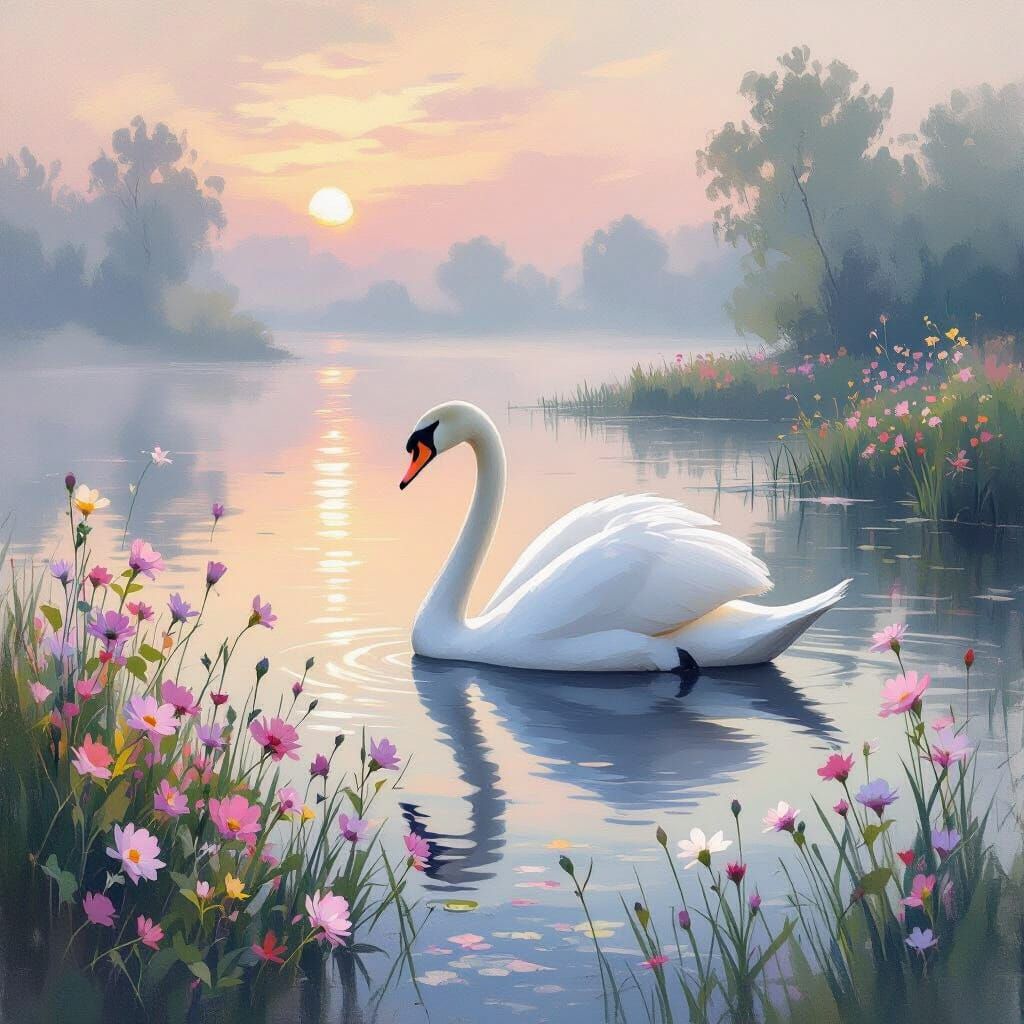 Elegant Swan on Misty Lake at Dawn in Pastel Hues