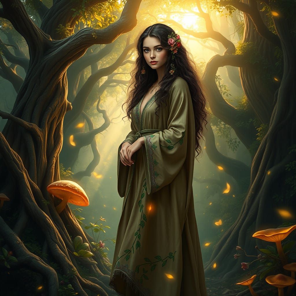 Ethereal Druidess in a Vibrant, Lush Forest