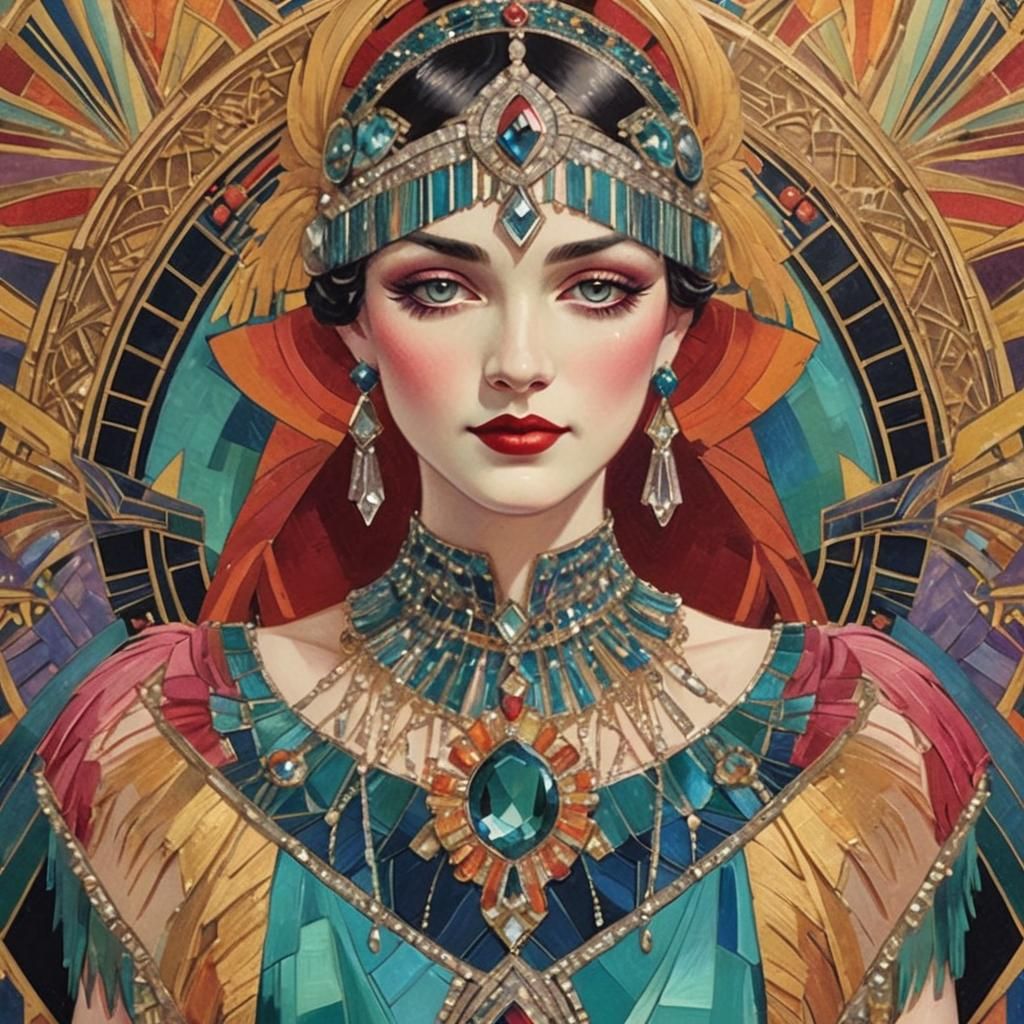 Art Deco Burlesque Woman Portrait with Jewel Headdress