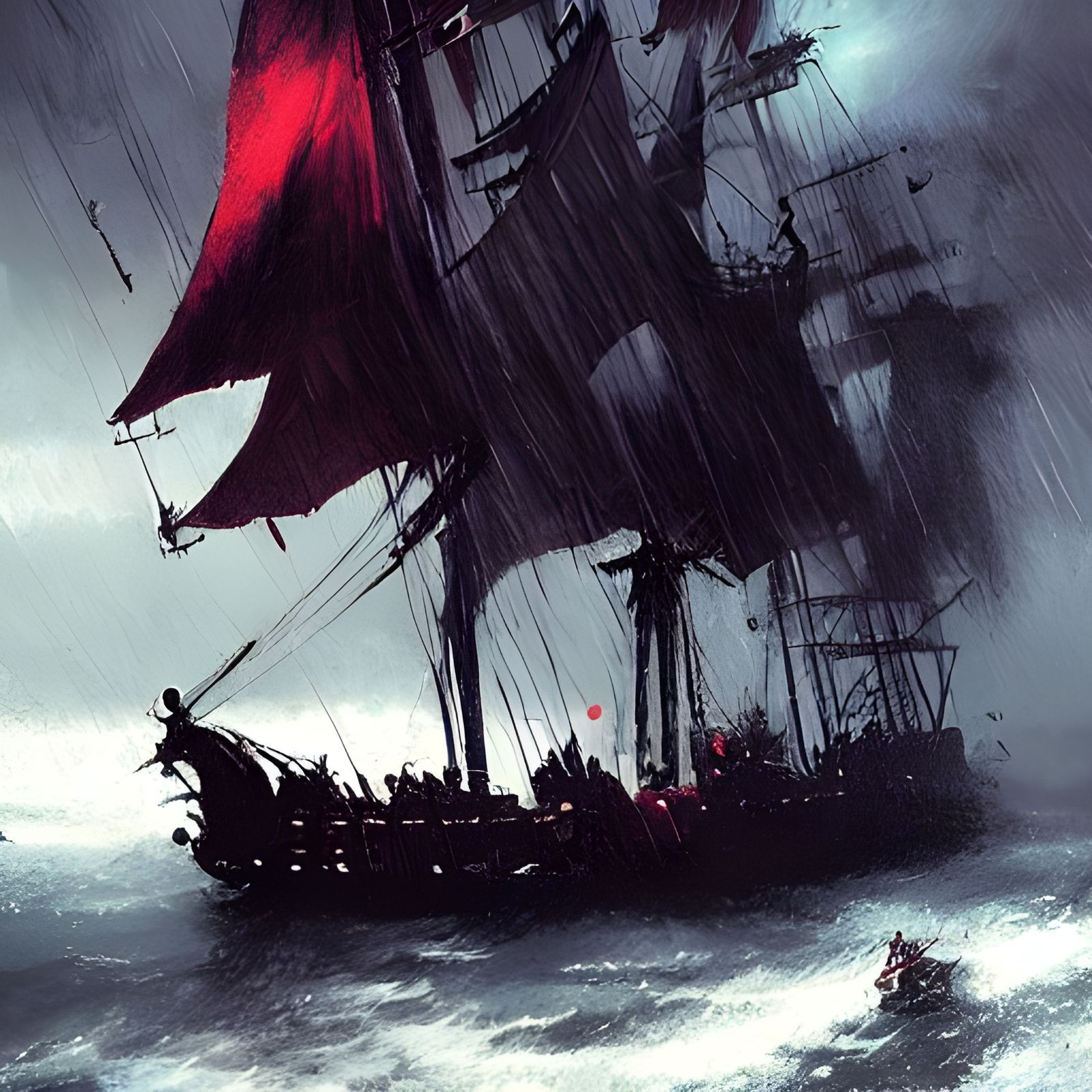 Pirate Ship Battle in the Rain, Sinister Fantasy Art