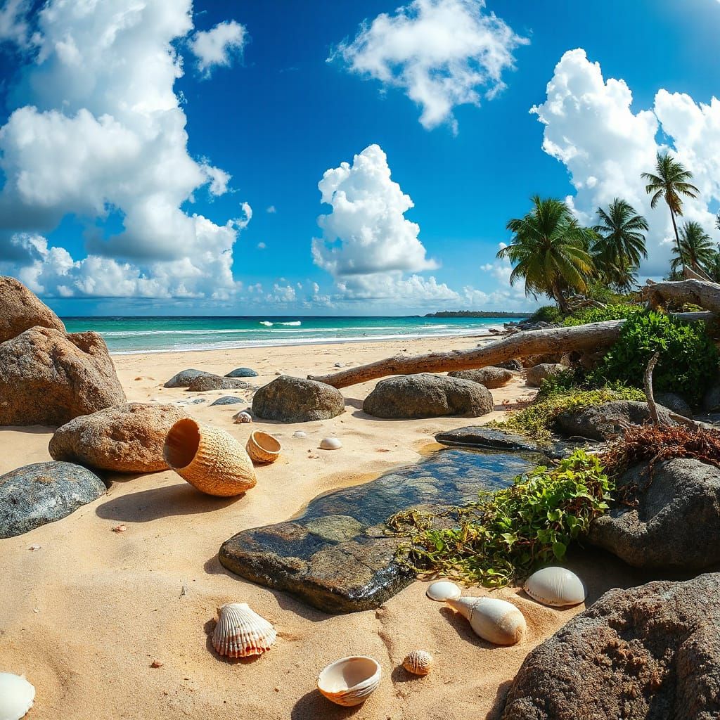 Hyperrealistic Beach Scene With Palm Trees and Seashells