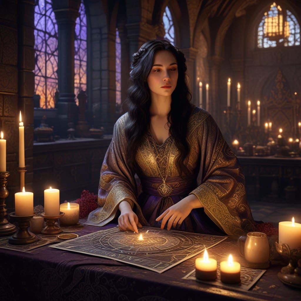 Mystical Tarot Reader in Medieval Castle