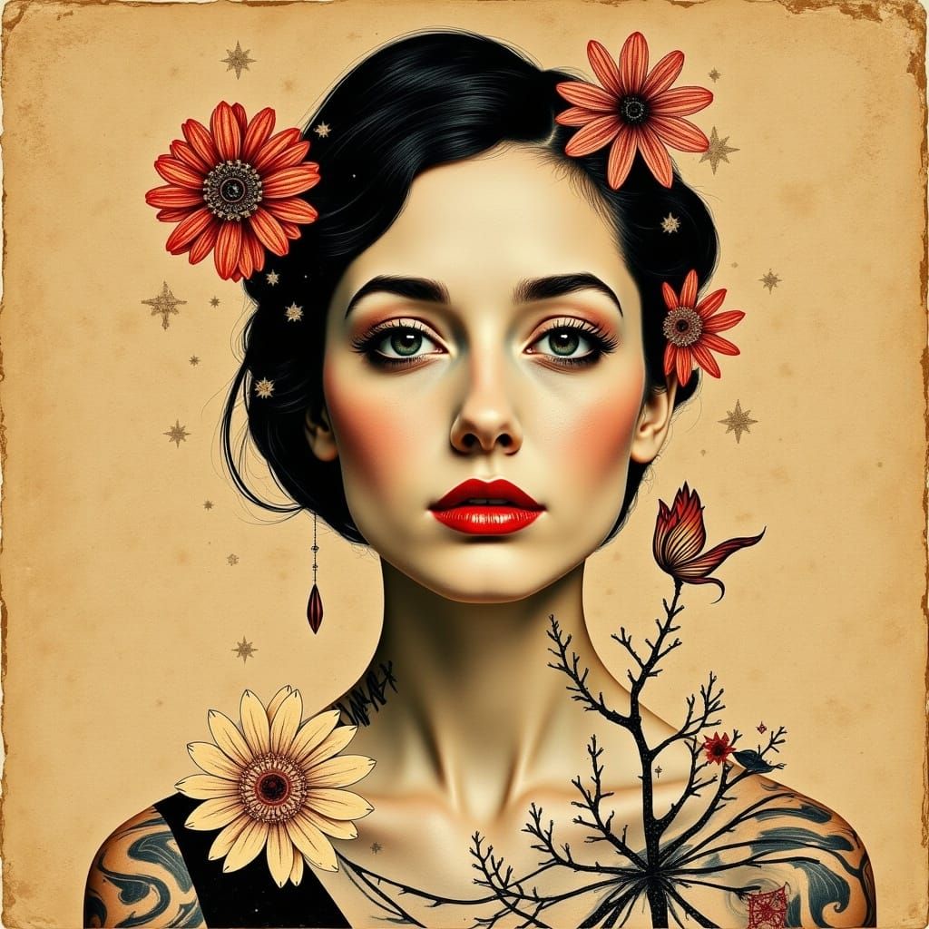 Vintage Tattoo Collage Portrait in Warm Tones