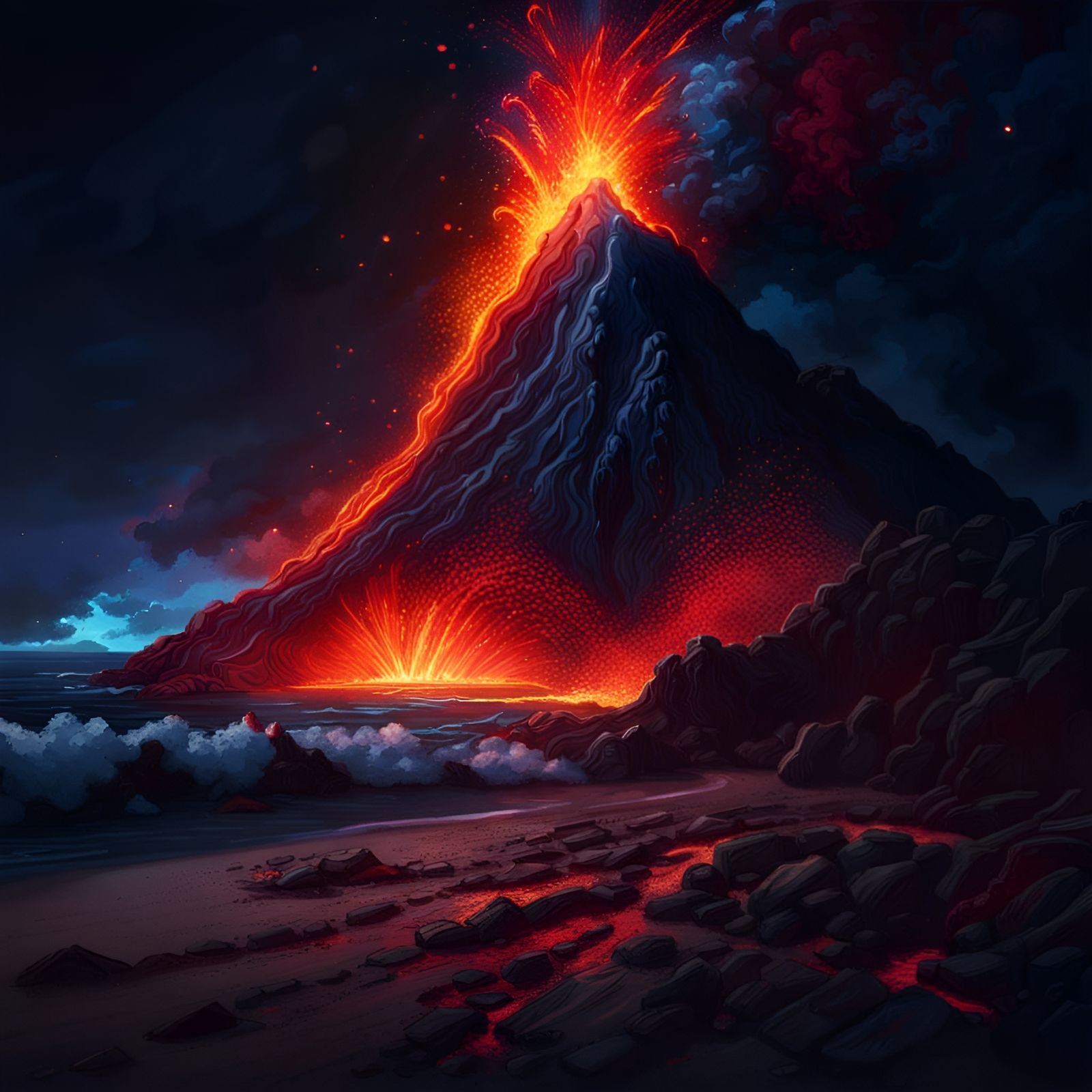 Volcanic Eruption on Beach: Hyperrealistic Splash Art