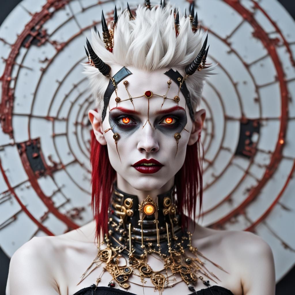 Sorceress with Cybernetic Implants in Steampunk Lab