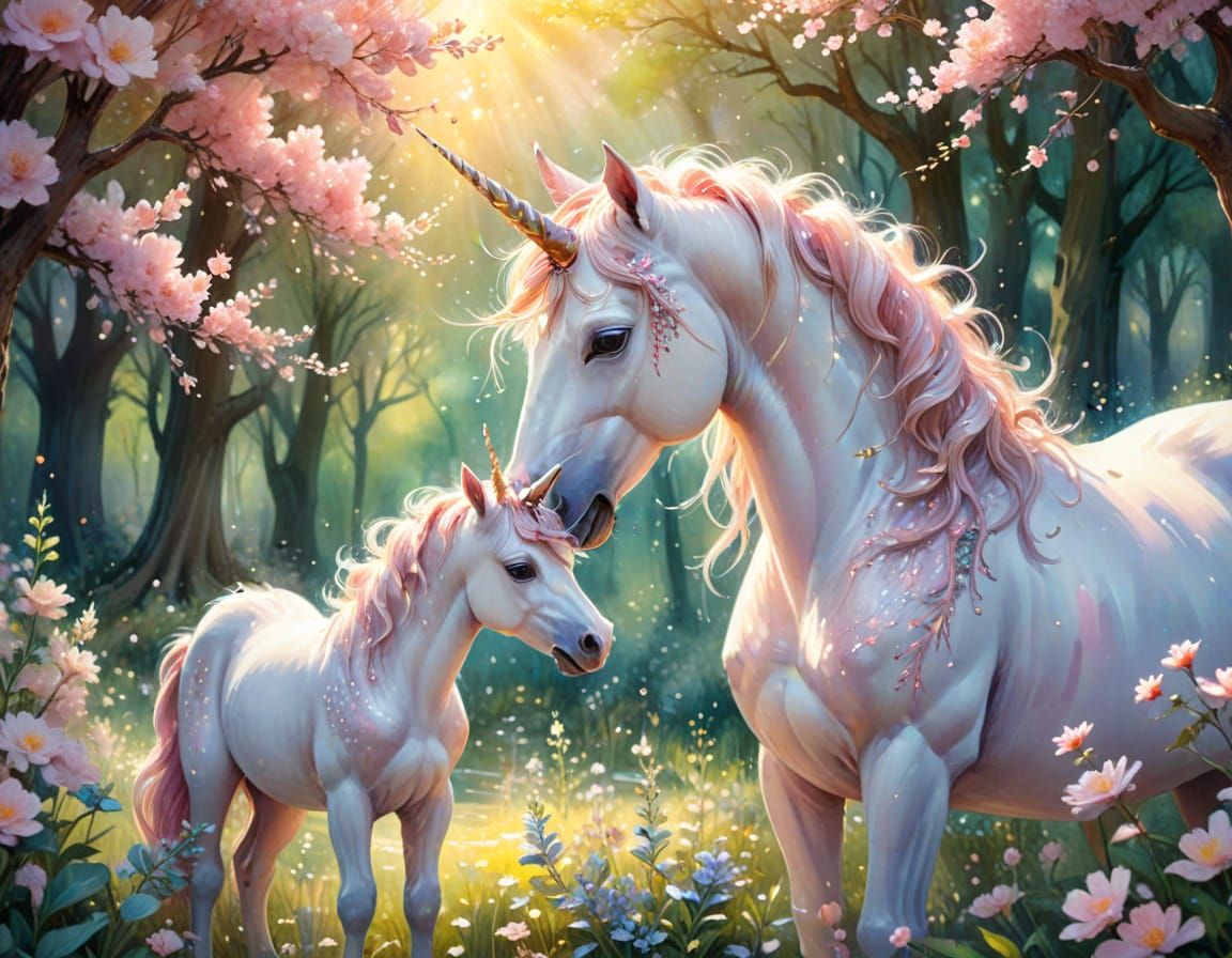 Mother and Child Unicorn in Whimsical Watercolor Fantasy