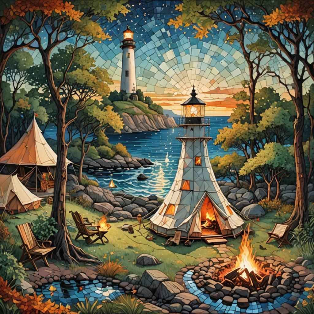 Bell-Tent Camping by Lighthouse in Stained Glass Style