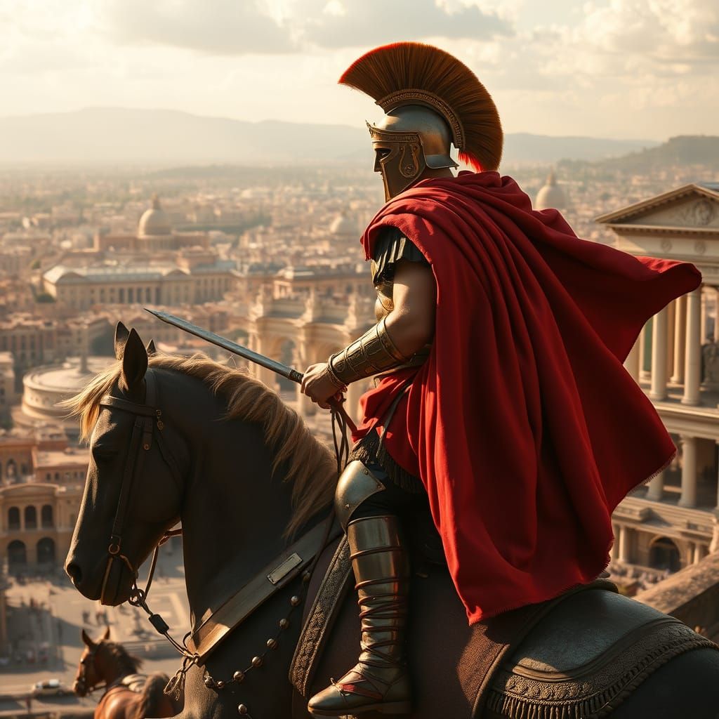 Roman Centurion on Warhorse Overlooking Ancient Rome