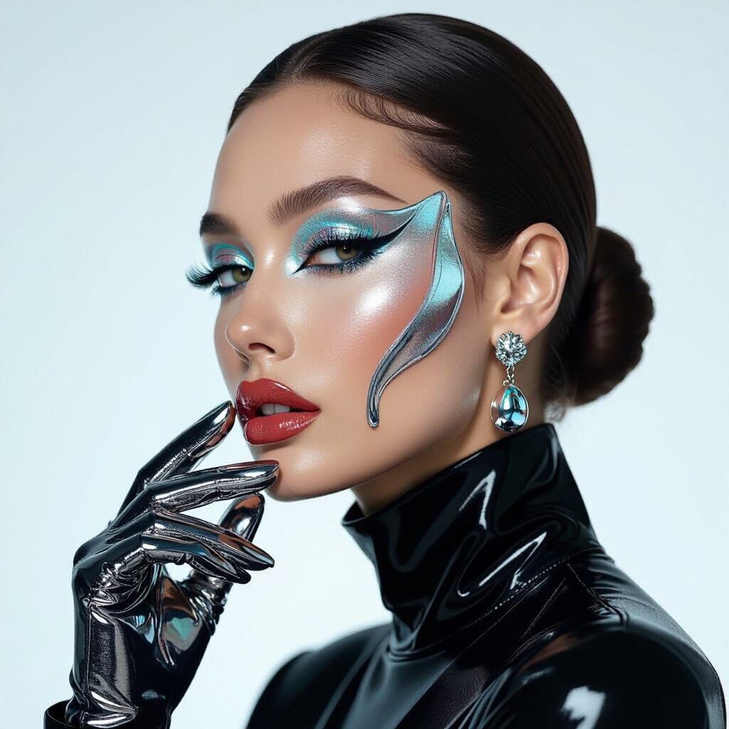 Woman's Portrait with Liquid Mercury Makeup in Hyperrealism