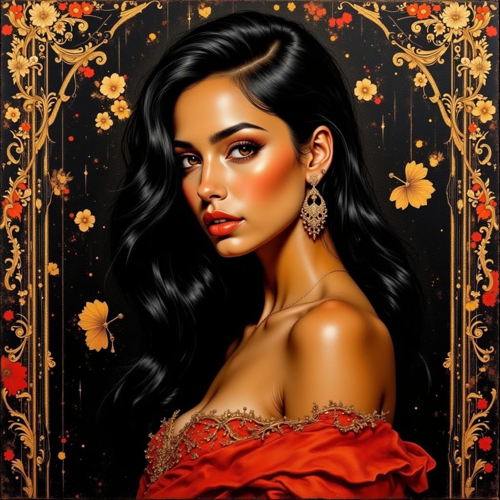 Baroque Woman in Gold Impasto Oil Painting