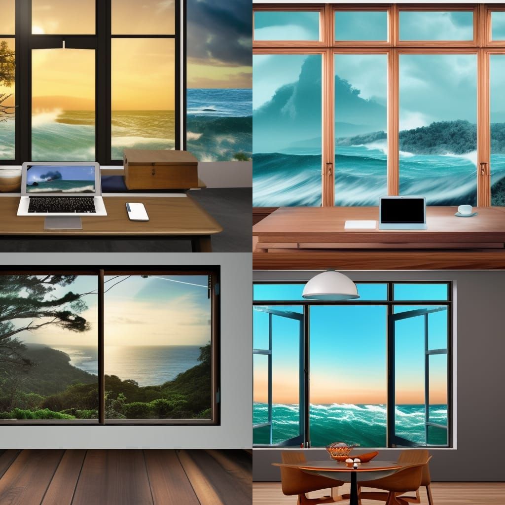 general view of a mid-century design room with wood table with closed grey macbook, with backdrop of a huge window looki...