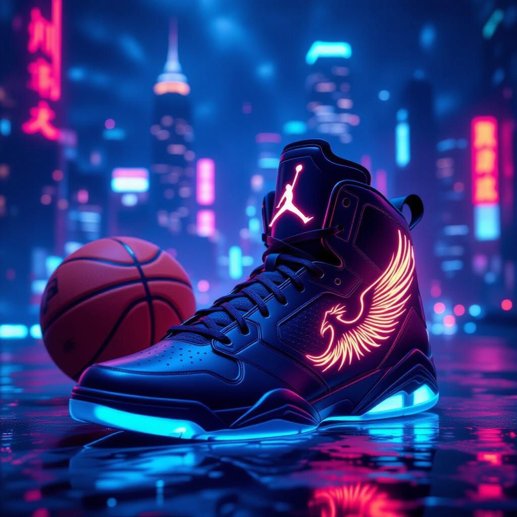 Sleek, futuristic high top sneakers with intricately neon designed phoenix emblem, a large basketball sitting next them,...
