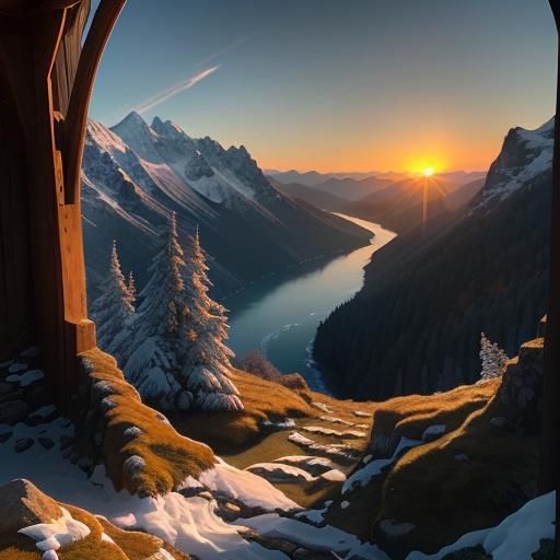 Mountain Lake at Sunset in Ancient Realm