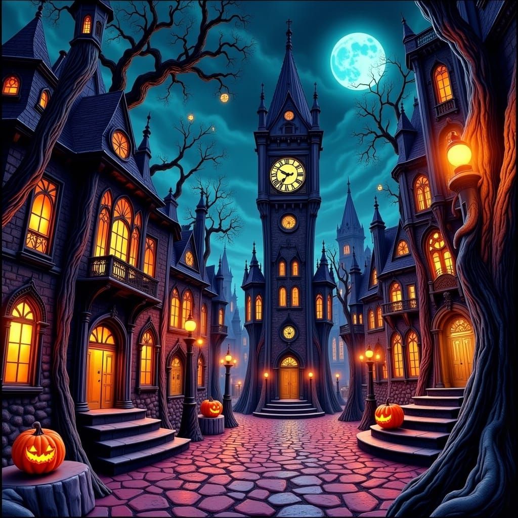 Halloween Town in Gothic Digital Art Style
