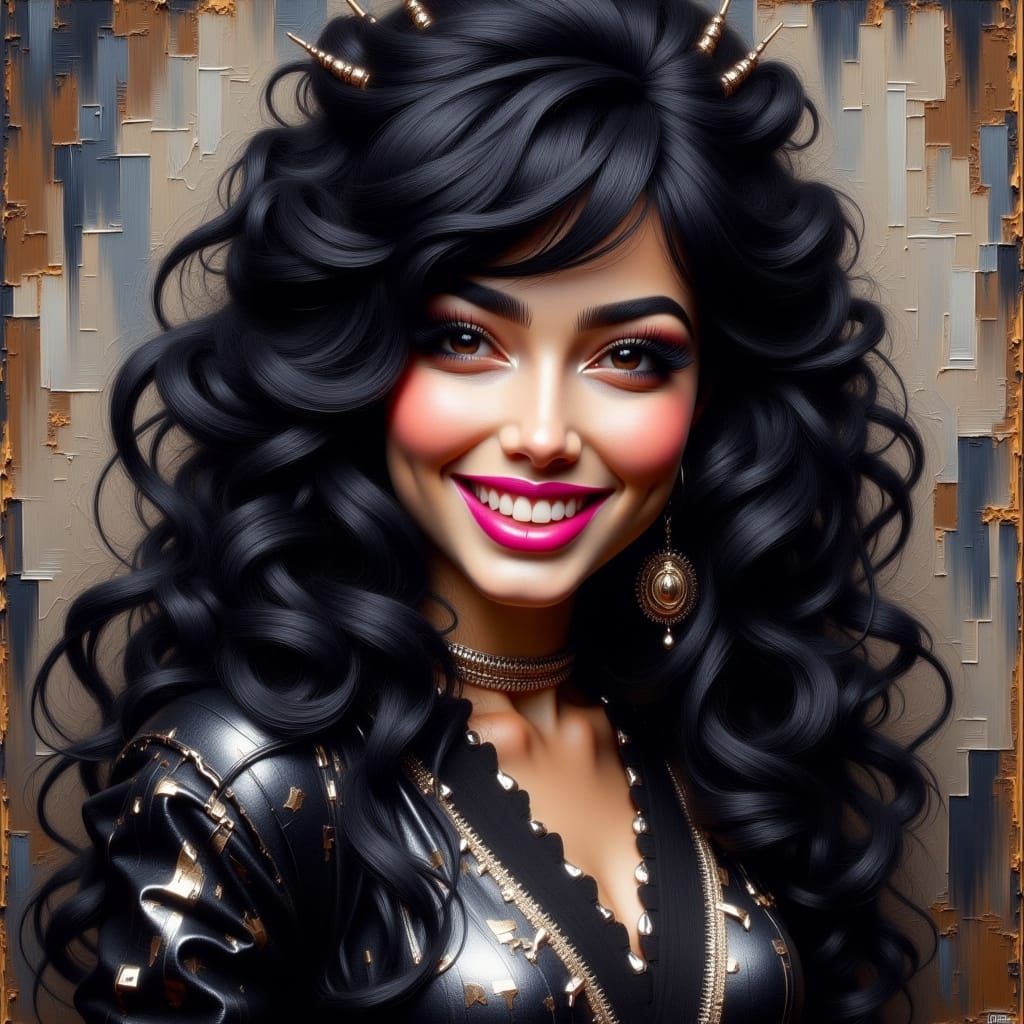 Queen Punk female laughing black wavy hair, pink lip stick, dark blue silver dress, pretty face, pretty features, bre...