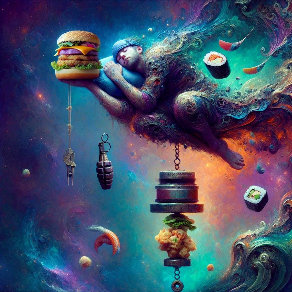 Surreal Fantasy Scene of Person Sleeping with Grenade and Su...