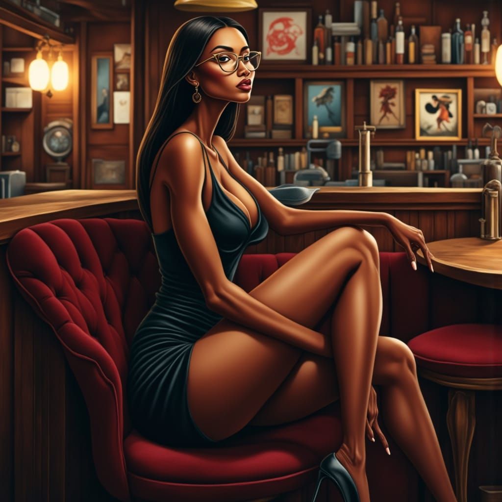 Beautiful Woman in Dimly Lit Bar, Hyperrealistic Splash Art