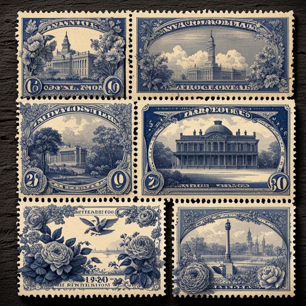 Baroque Navy and Cream Floral Postal Stamps