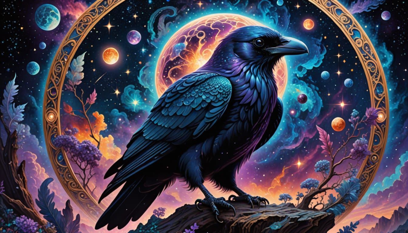 Ethereal Cosmic Raven Perched on Astral Orb in Dreamy Waterc...