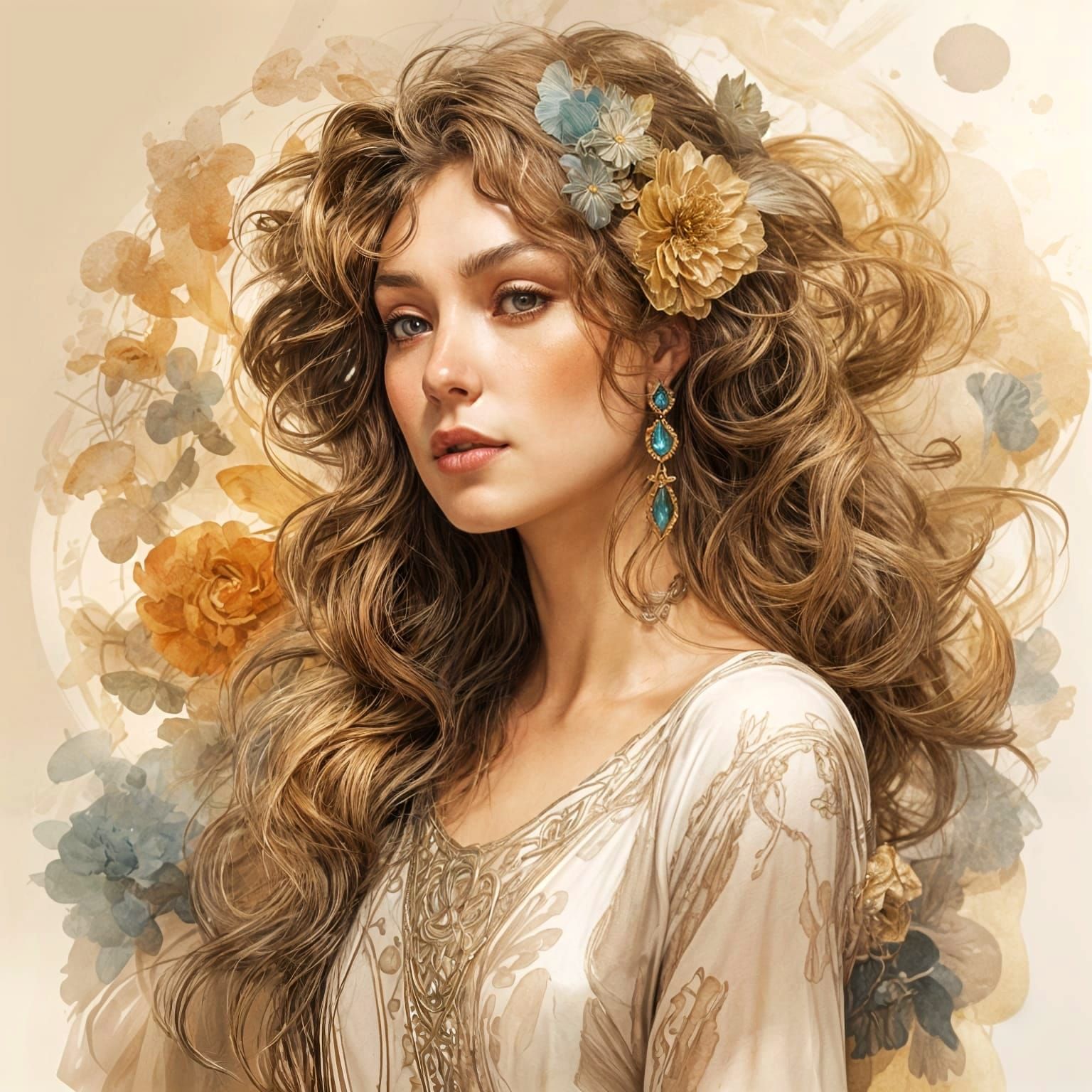 Bohemian Minimalist Portrait in Watercolour Style