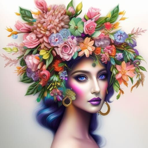 Vibrant Flower Crown Portrait in Whimsical Fantasy Style