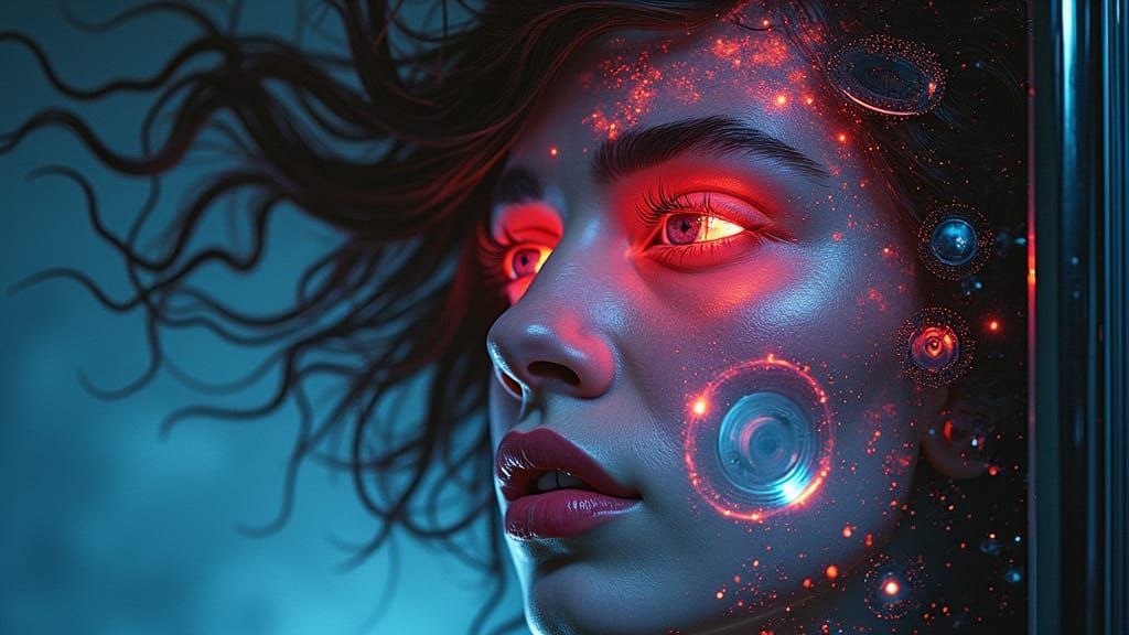 Retro Sci-Fi Woman's Face in VHS Swirls