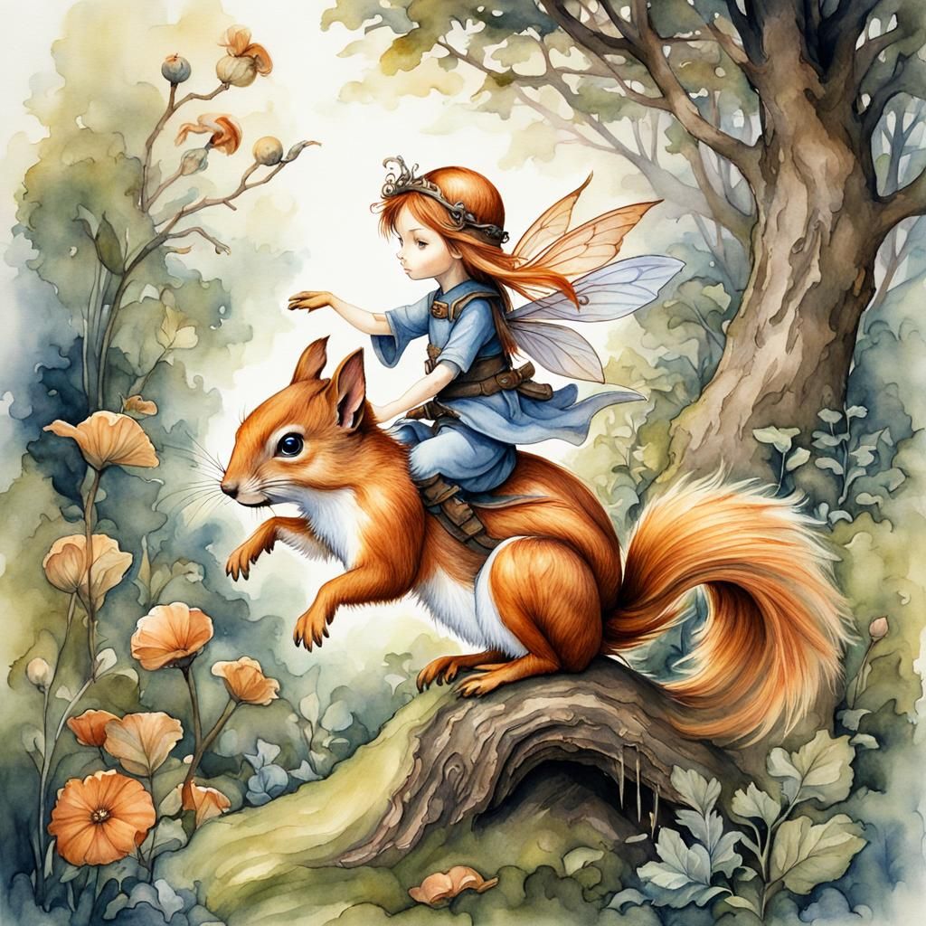 Chibi Fairy Rides Squirrel: Children's Book Illustration
