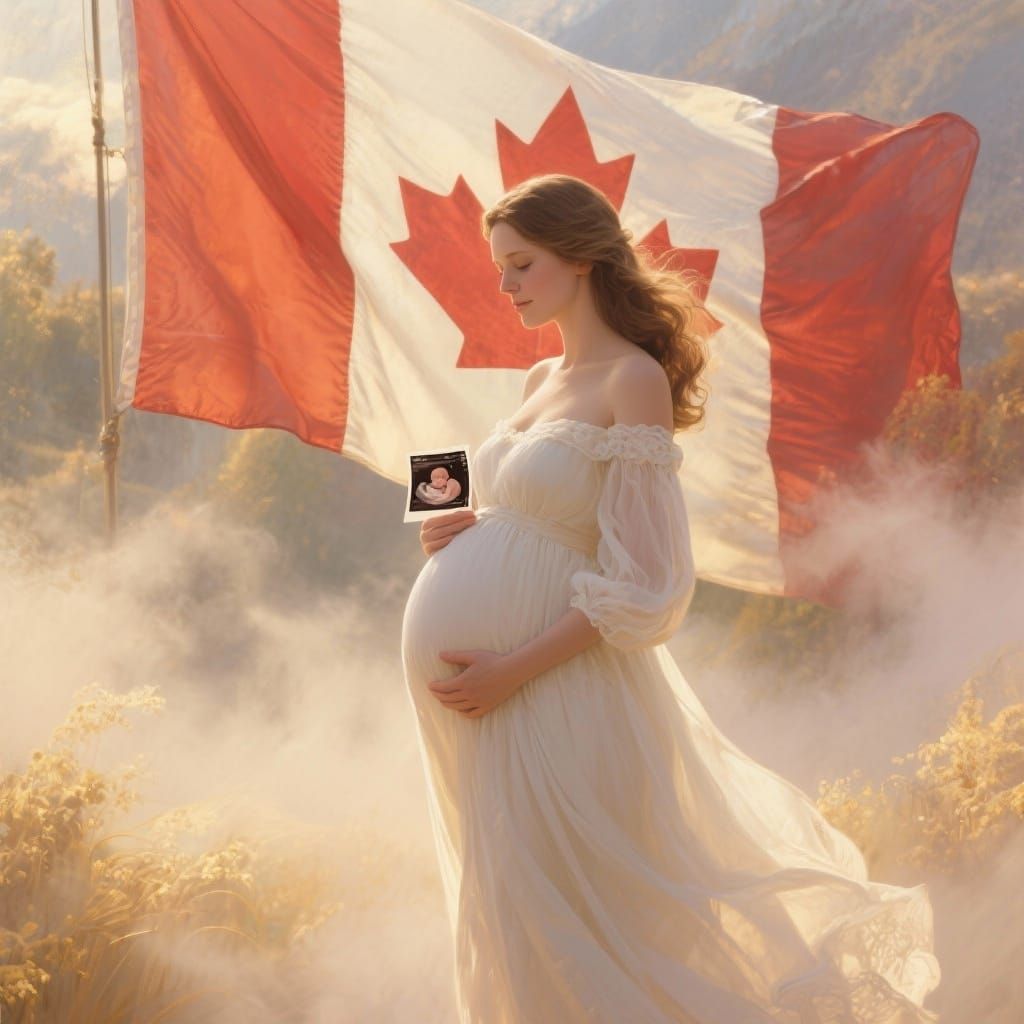 Proud Motherhood Before Canadian Flag in Ethereal Mist