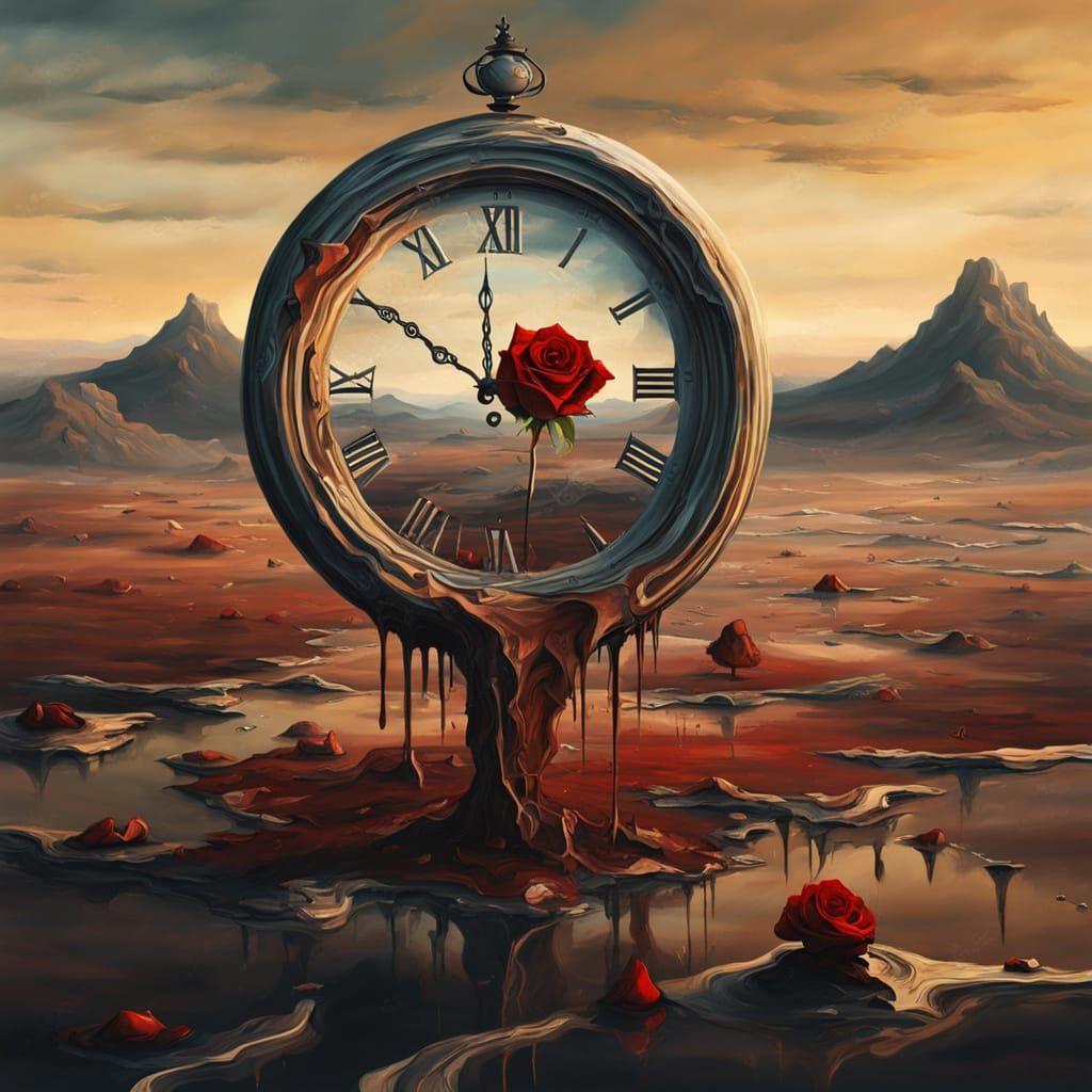 Surreal Melting Clock and Wilting Rose Oil Painting