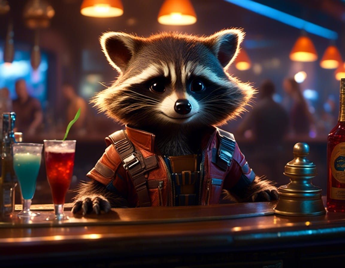 Rocket Raccoon at Bar with Volumetric Lighting