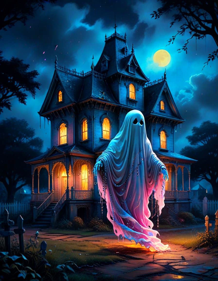 Kawaii Ghost in Front of Haunted House Watercolor