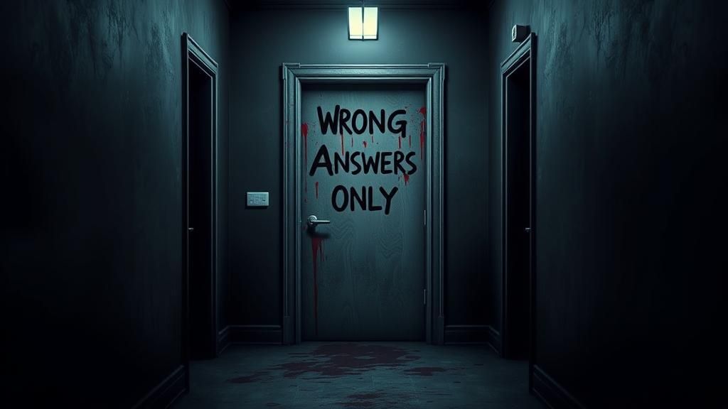 Spooky Hallway Door Marked 'Wrong Answers Only' in Blood