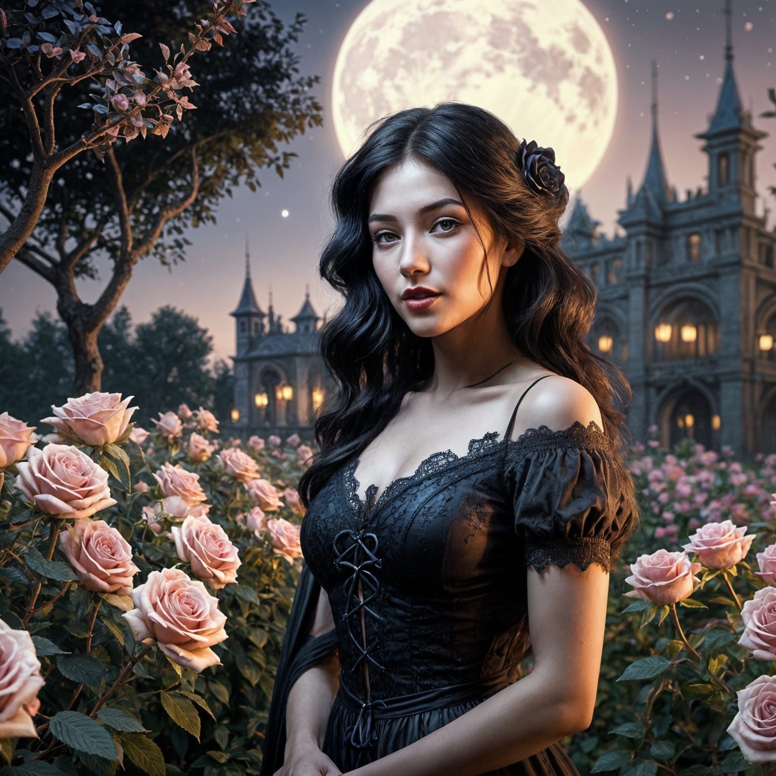 Moonlit Woman in Rose Garden: Dark Fantasy Concept Art