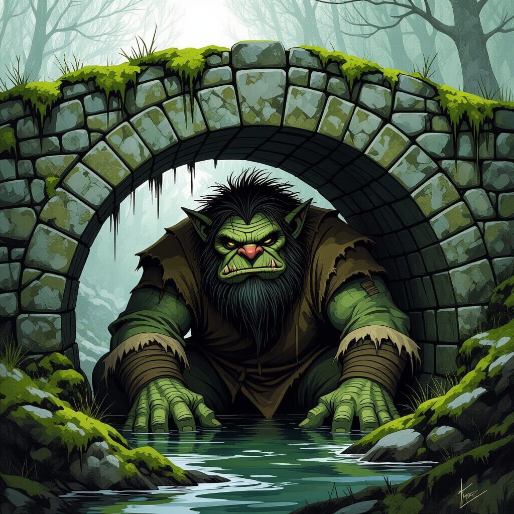 Grotesque Troll Hiding Under Ancient Stone Bridge