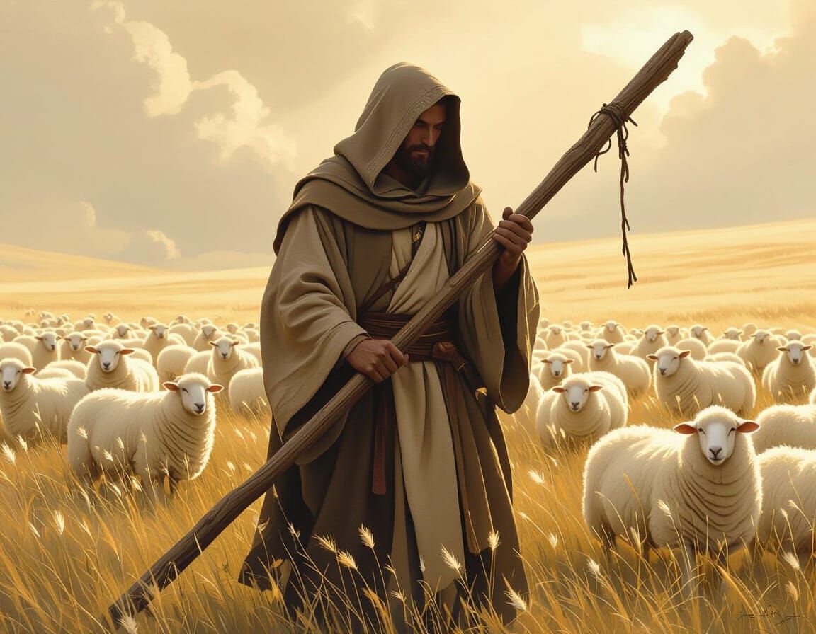Hooded Figure with Staff and Sheep in Golden Light