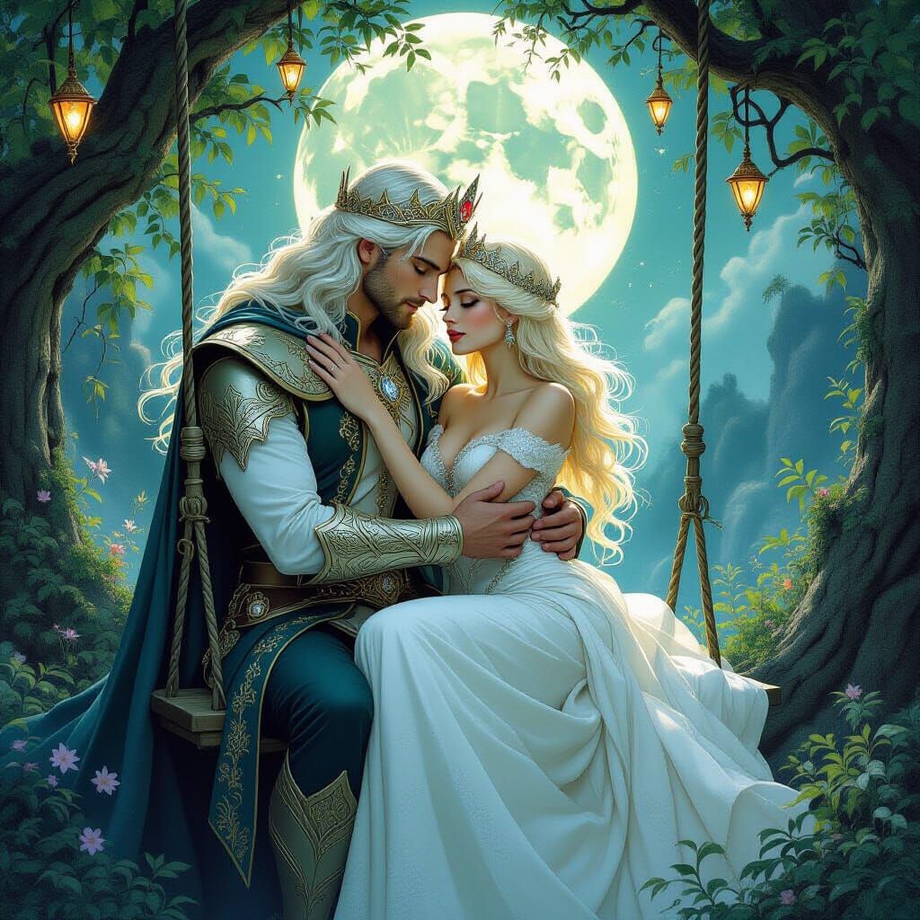 King Embraces Woman on Moonlit Swing, Fantasy Art