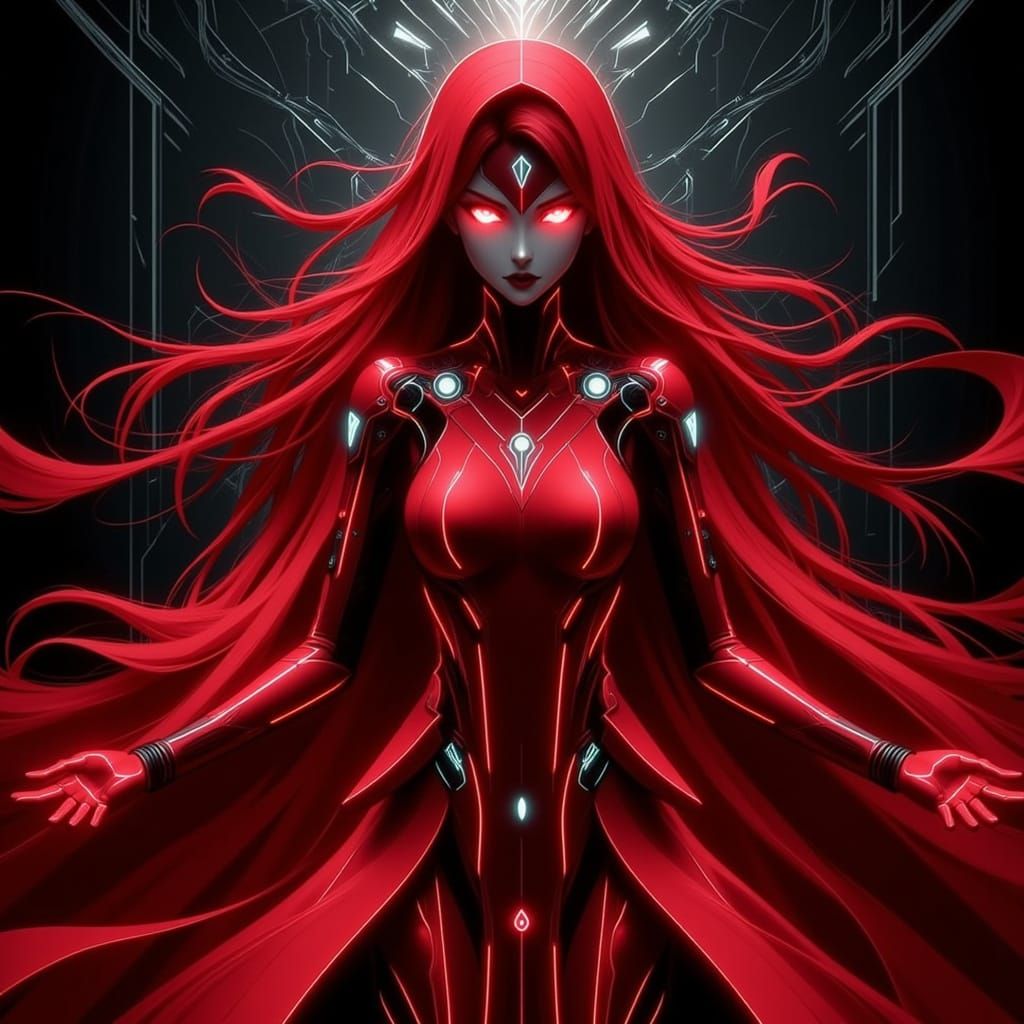 anime, fierce, elegant figure cloaked in flowing crimson, eyes glowing with restrained fury. Subtle blood-red energy coi...