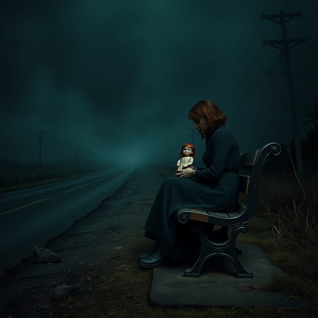 Woman with Doll in Dark, Moody Landscape