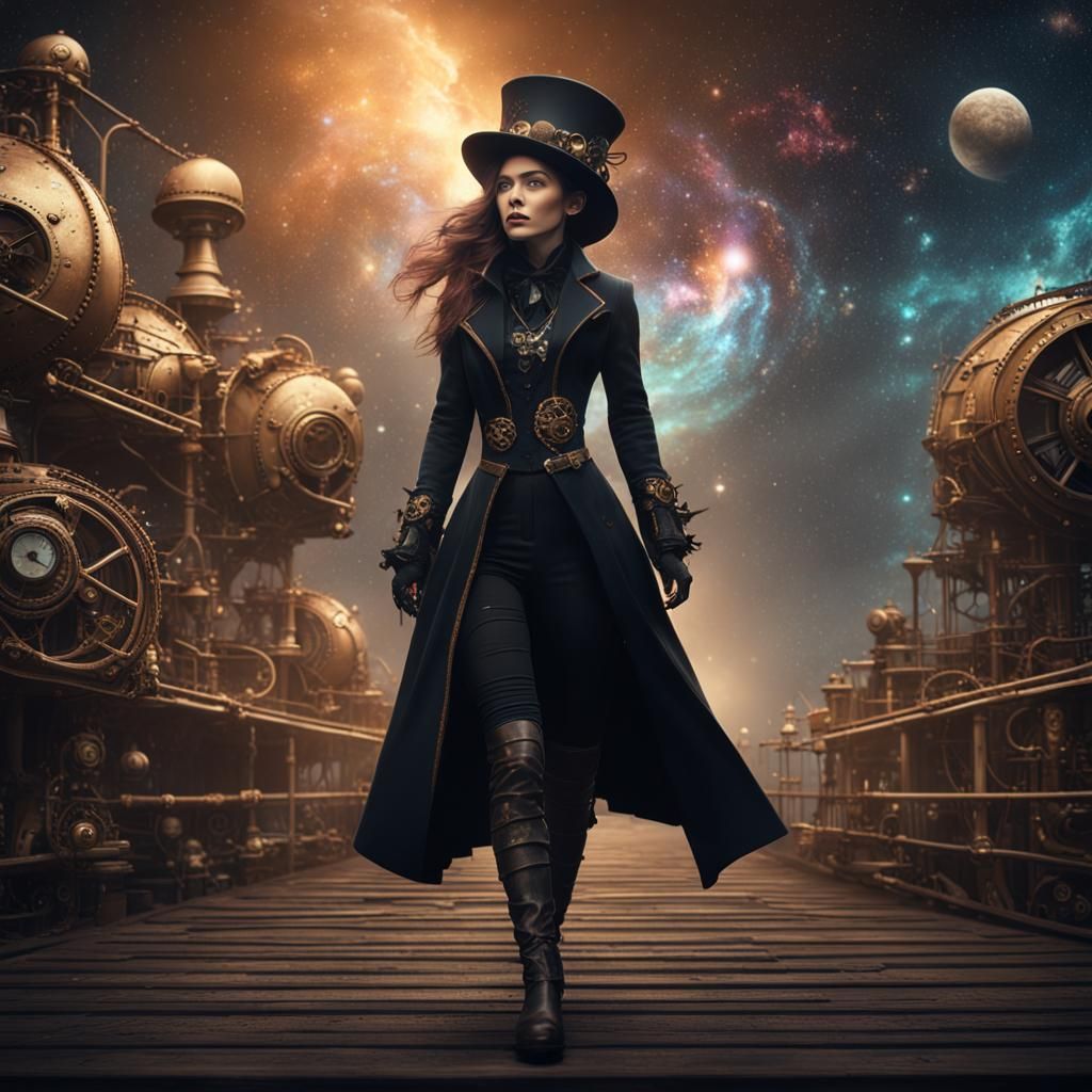 Steampunk Woman with Galaxy Hair, Detailed Digital Art