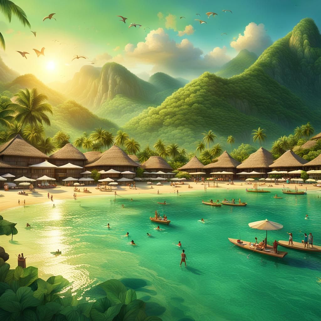Beach Resort Scene at Sunrise: Detailed Matte Painting