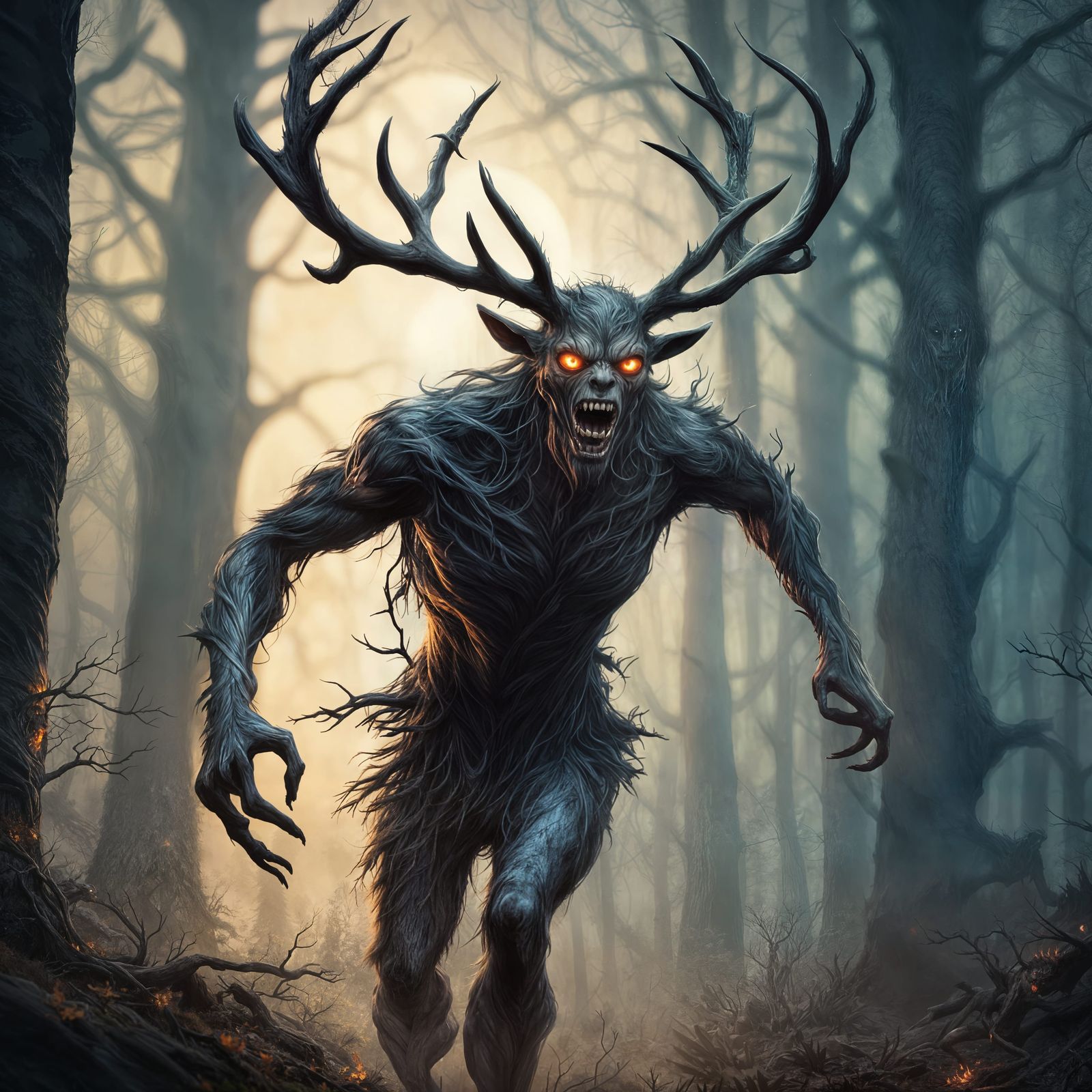 Eerie Wendigo Runs Through Dark Forest in Oil Painting