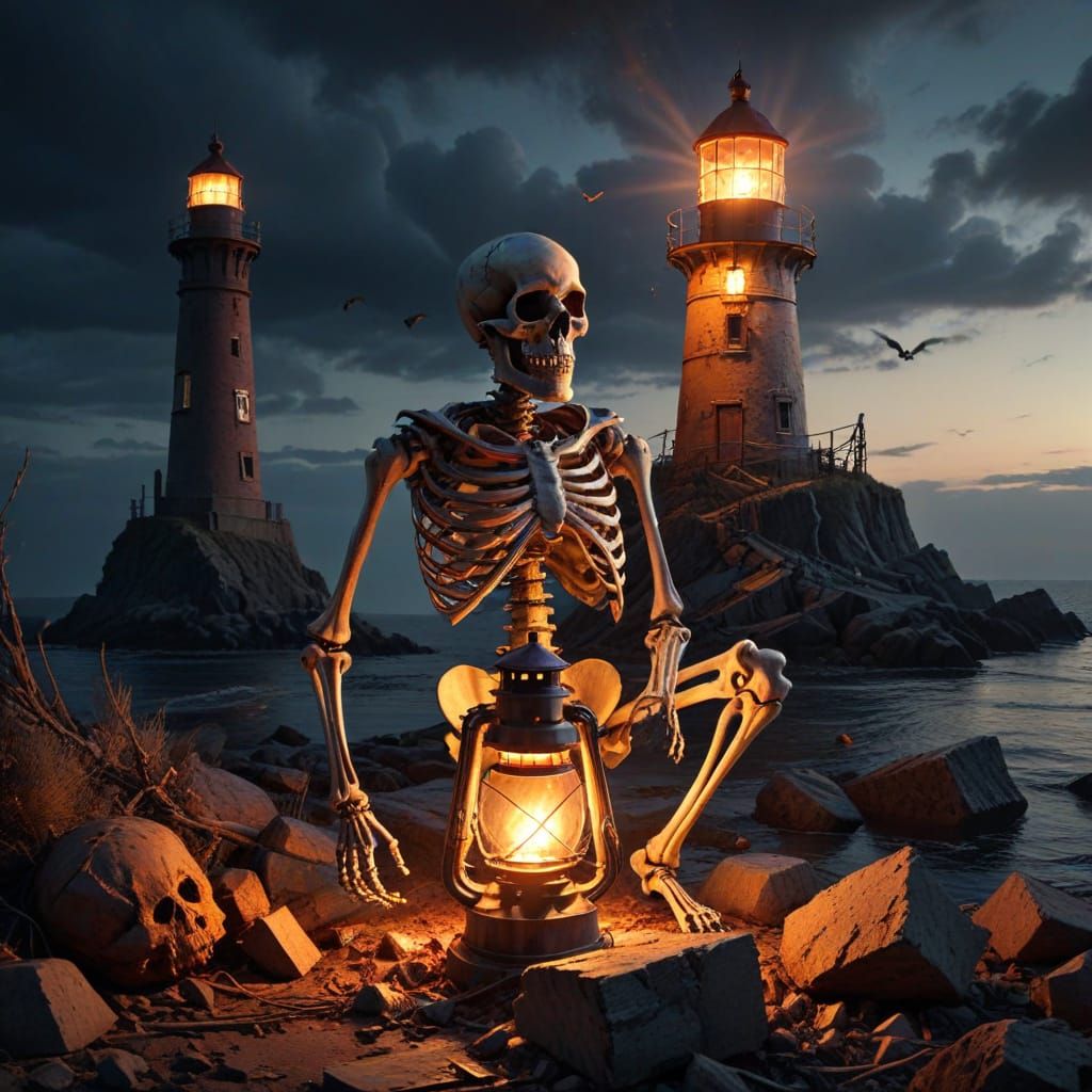 Skeleton Lighthouse Keeper Lights Lantern in Gothic Art