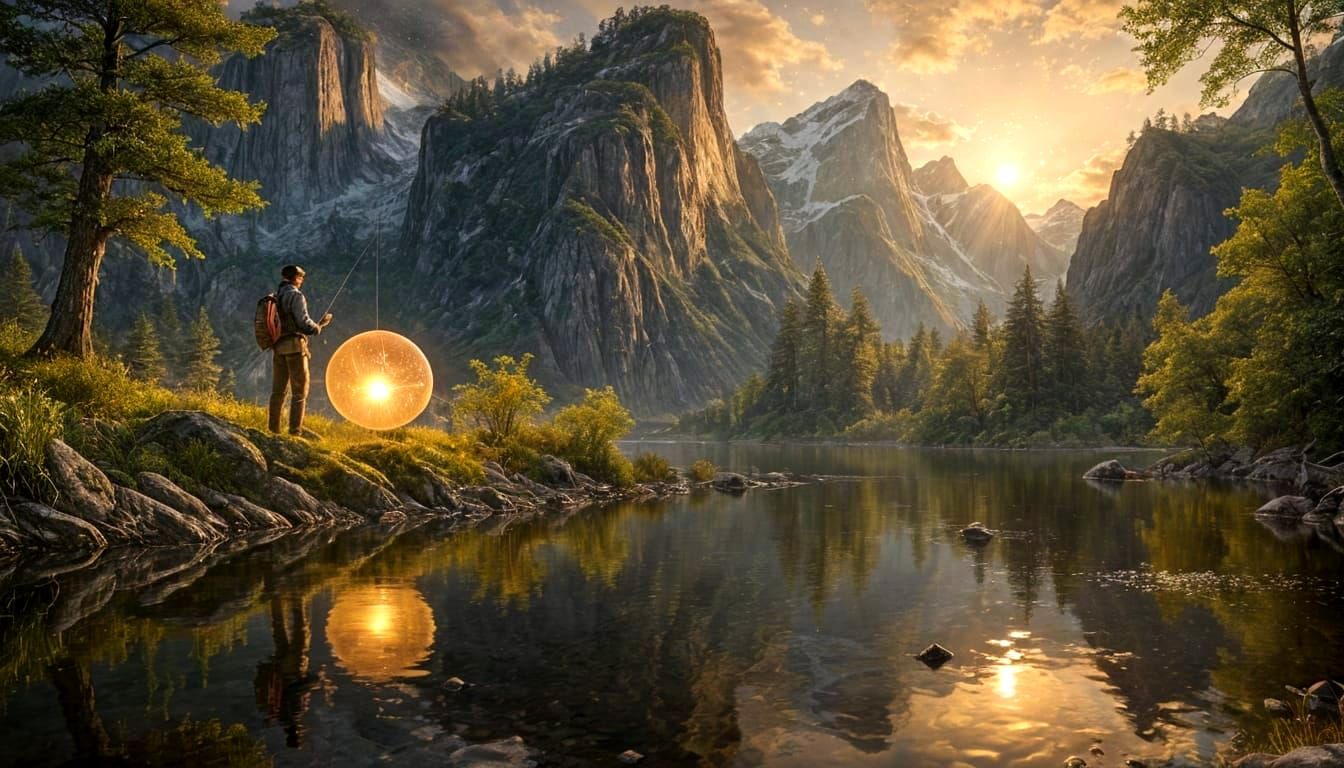 Cosmic Fisherman: Serene River Under Nebula Sky