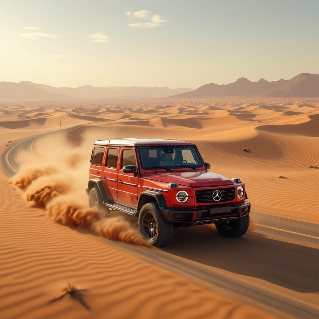 Red G-Wagen Speeds Across Desert Highway