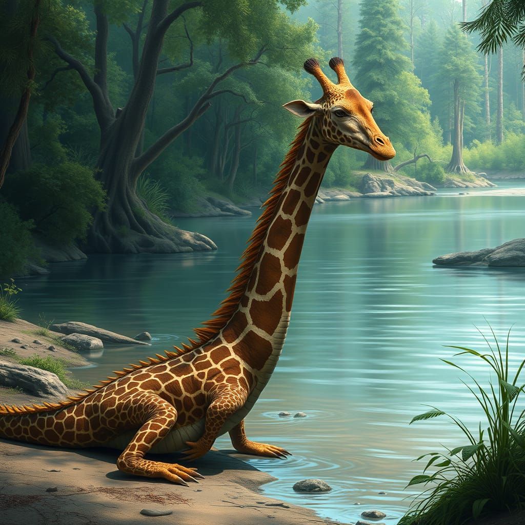 Giraffodile near the Serene River in a Tropical Forest