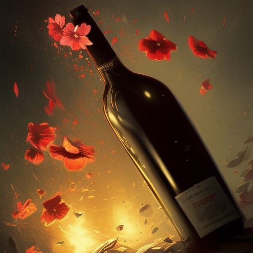 Wine Bottle Bursting with Flowers: Dark Fantasy Art