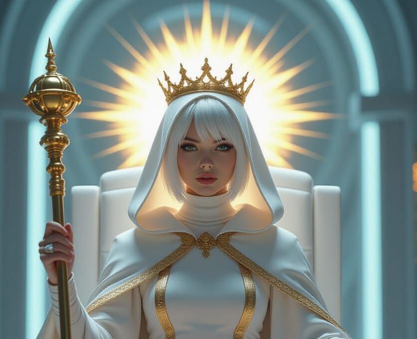 Punk Girl with Crown on Futuristic Throne