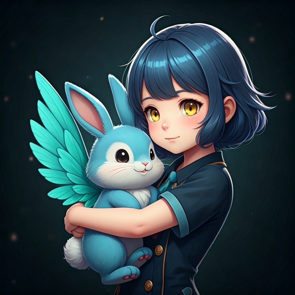 Anime Girl Hugs a Cute Blue Rabbit, Pokemon Style